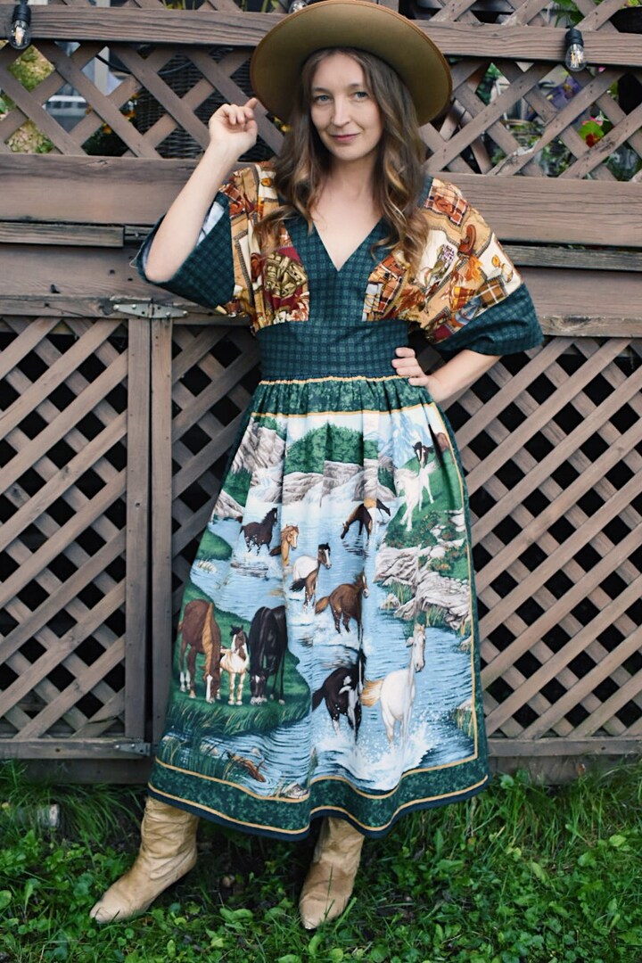Running Horses Vintage Cotton Fabric Panel Kimono Sleeve Midi Dress | MakerPlace by Michaels Running Horses Vintage Cotton Fabric Panel Kimono Sleeve Midi Dress | MakerPlace by Michaels